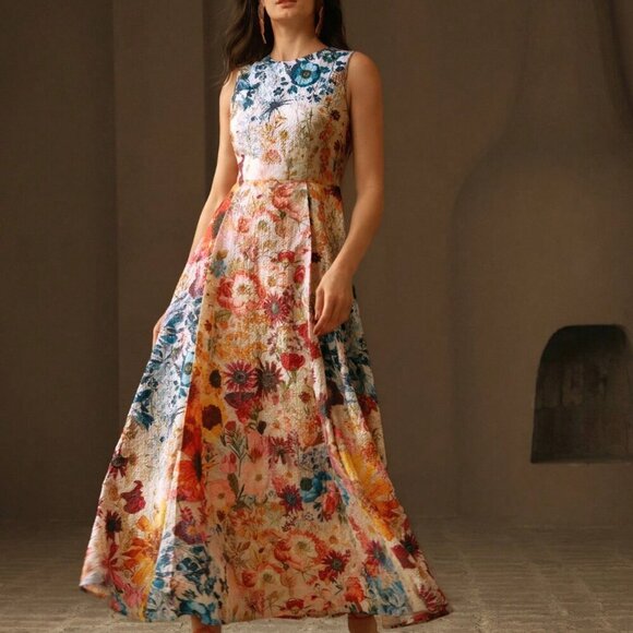 Multicolor Boho Women's Round Neck Floral Waist Fitted A-Line Dress - Picture 6 of 6